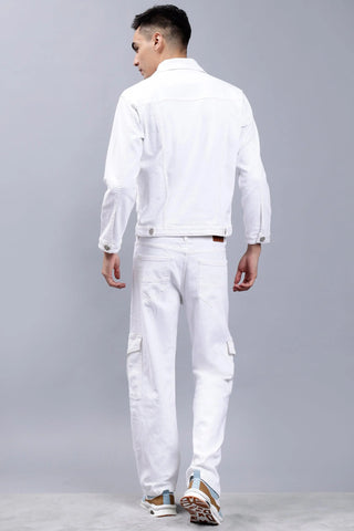 Regular Fit White Denim Cargo & Jacket Co-ord Set for Men