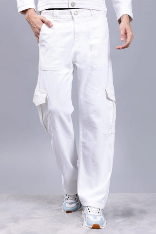 Regular Fit White Denim Cargo & Jacket Co-ord Set for Men