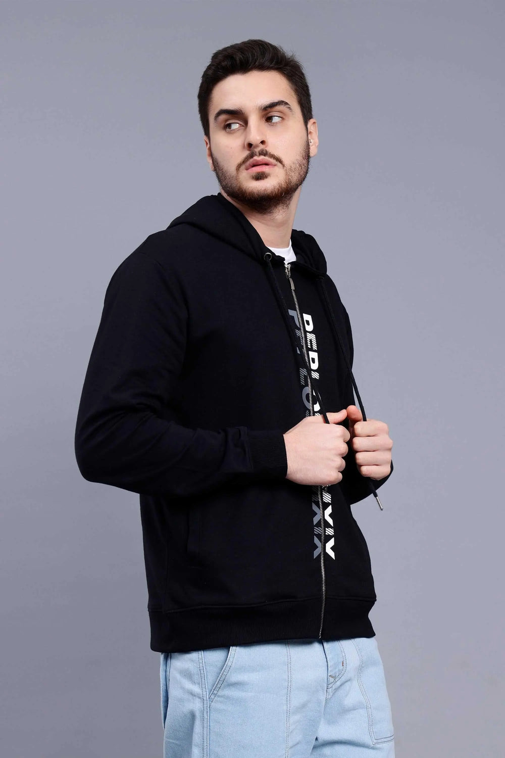 Regular Fit Printed Premium Black Zipper Hoodie For Men - Peplos Jeans 