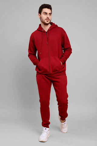 Regular Fit Back Printed Red Zipper Hoodie-Trouser Co-ord Set For Men