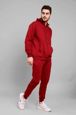 Regular Fit Back Printed Red Zipper Hoodie-Trouser Co-ord Set For Men