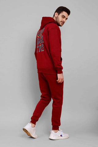 Regular Fit Back Printed Red Zipper Hoodie-Trouser Co-ord Set For Men