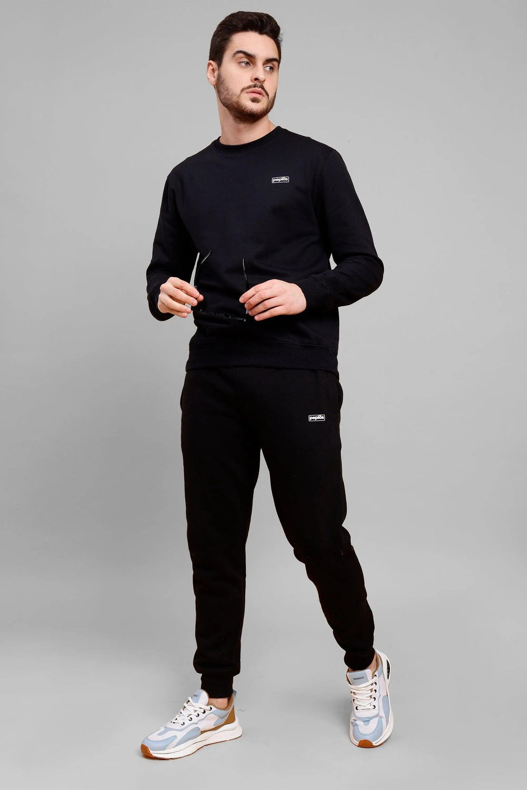 Regular Fit Back Printed Black Sweatshirt-Trouser Co-ord Set For Men