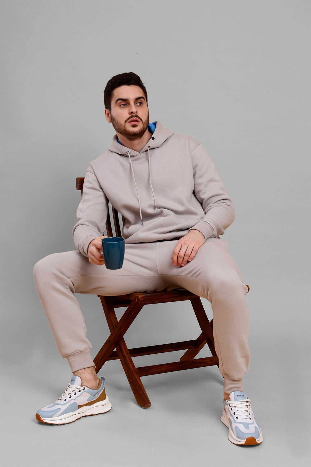 Regular Fit Back Printed Grey Hoodie with Pants Set For Men