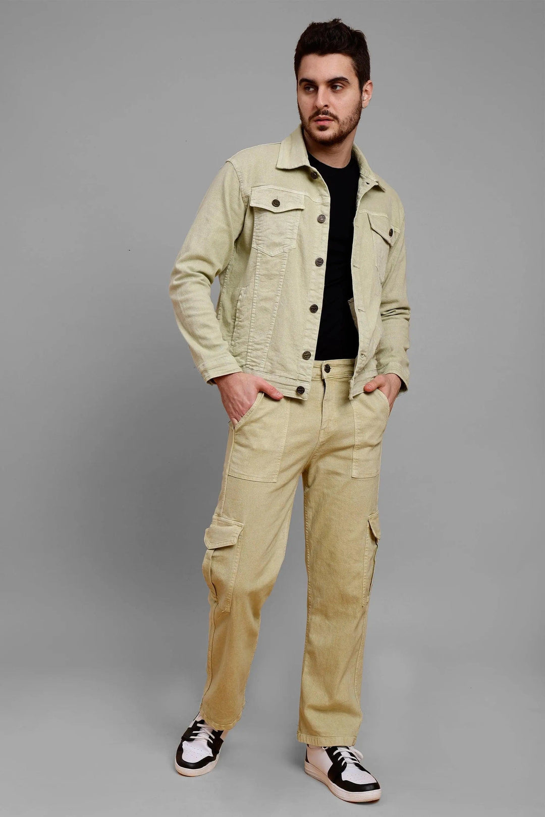 Regular Fit Pista Lime Denim Cargo & Jacket Co-ord Set for Men