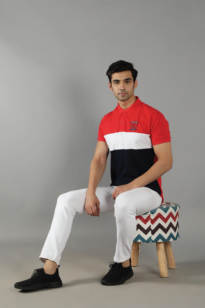 Men's Polo Neck Red Striped Cotton T-shirt - Peplos Jeans 