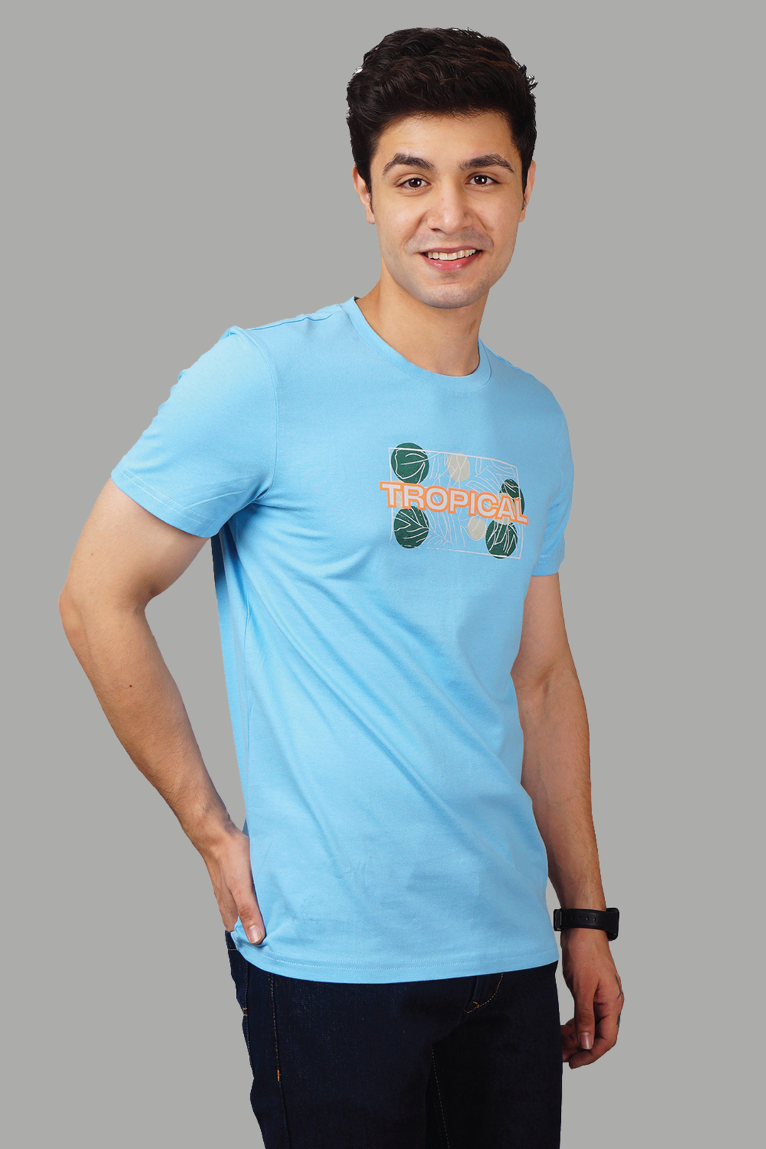 Regular Fit Tropical Sky Blue Printed Men's T-Shirt - Peplos Jeans 