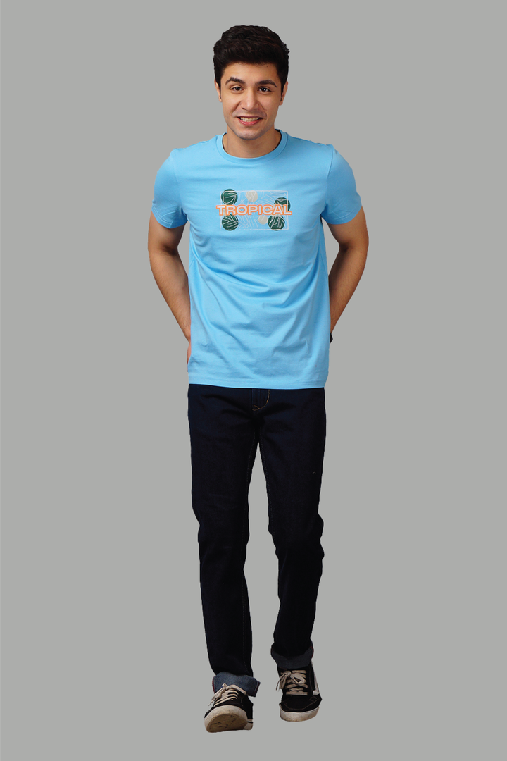 Regular Fit Tropical Sky Blue Printed Men's T-Shirt - Peplos Jeans 