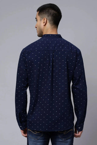 Regular Fit Navy Blue Printed Denim Shirt For Men