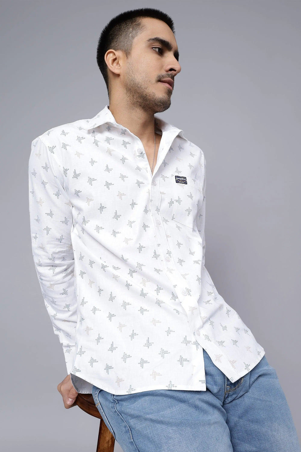 Regular Fit Pure Cotton White Printed Casual Shirt For Men - Peplos Jeans 