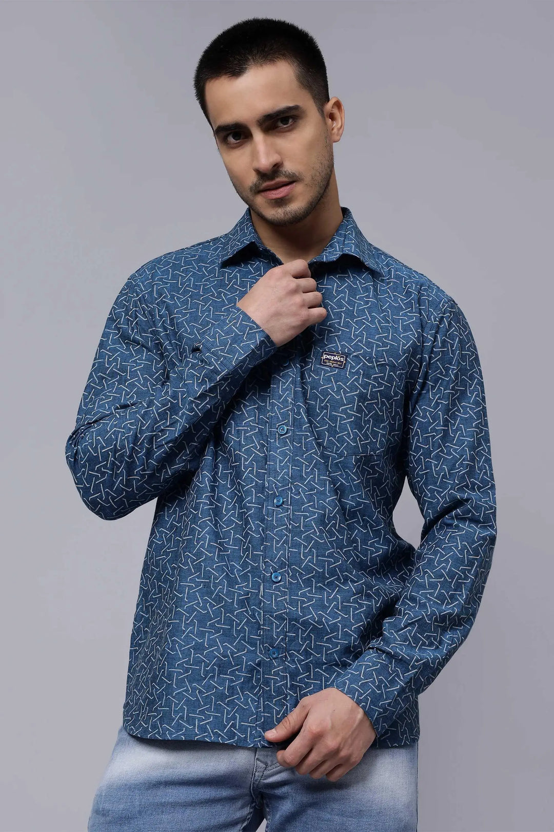 Regular Fit Pure Cotton Blue Printed Casual Shirt For Men - Peplos Jeans 
