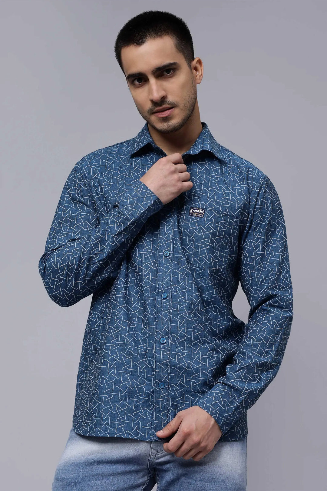 Regular Fit Pure Cotton Blue Printed Casual Shirt For Men Peplos