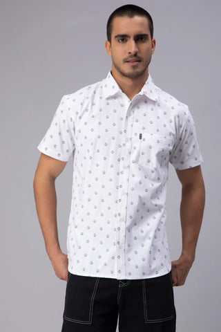 Regular Fit Pure Cotton White Printed Casual Shirt For Men