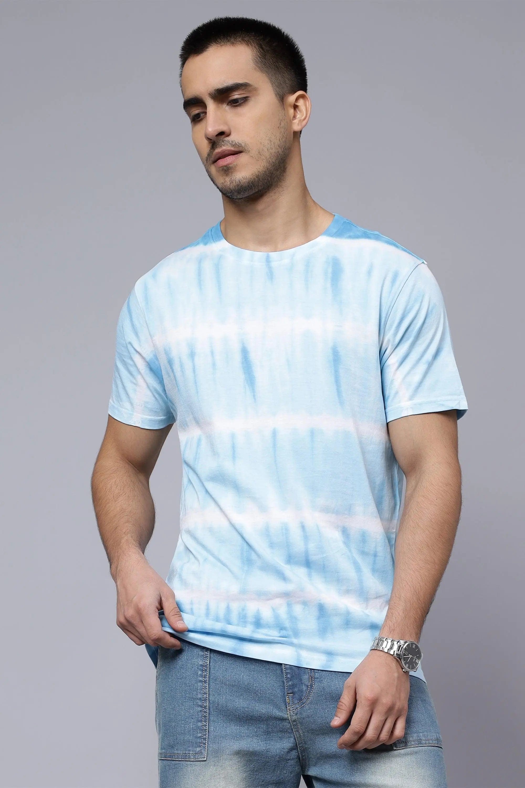 Men's Blue and White Cotton Tie & Dye T-shirt