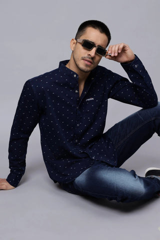 Regular Fit Navy Blue Printed Denim Shirt For Men