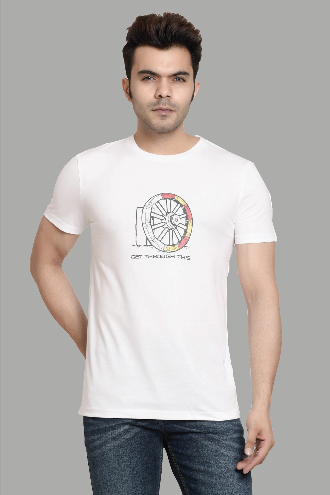 Regular Fit White Charkha Printed Cotton T-Shirt For Men - Peplos Jeans 