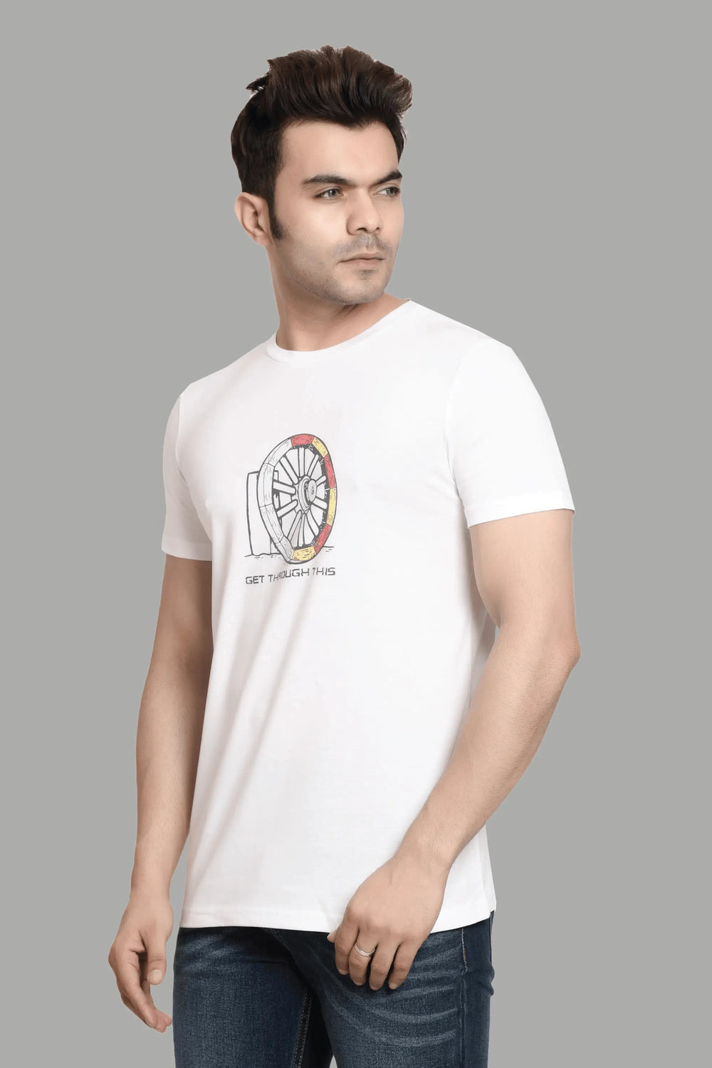 Regular Fit White Charkha Printed Cotton T-Shirt For Men