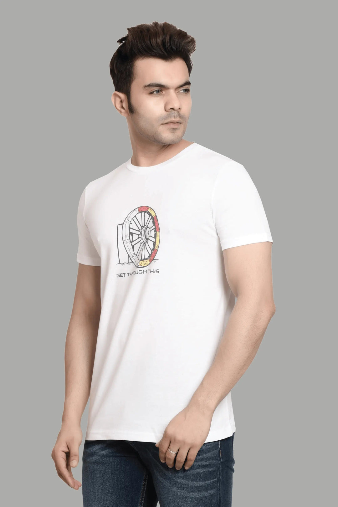 Regular Fit White Charkha Printed Cotton T-Shirt For Men Peplos