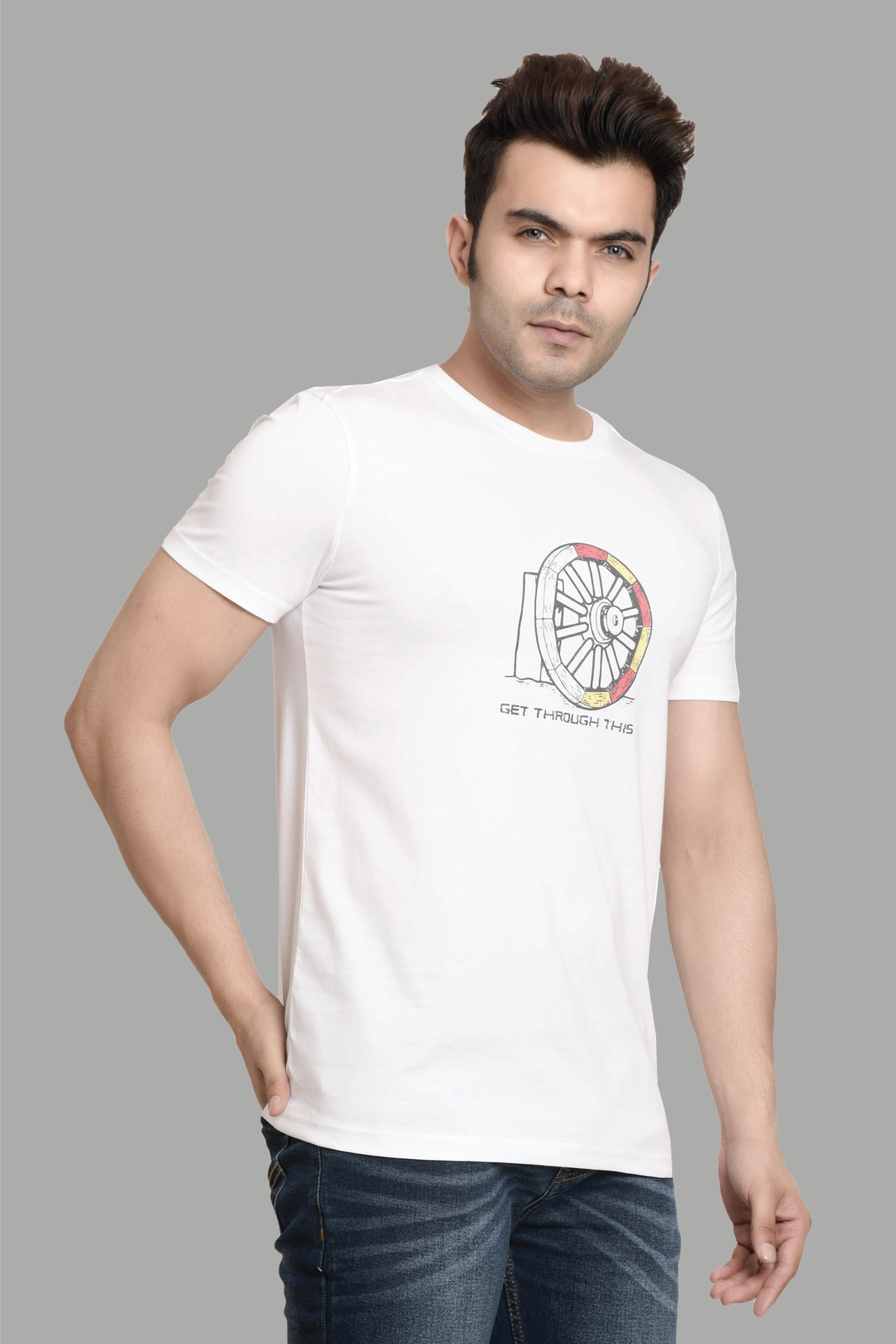 Regular Fit White Charkha Printed Cotton T-Shirt For Men - Peplos Jeans 