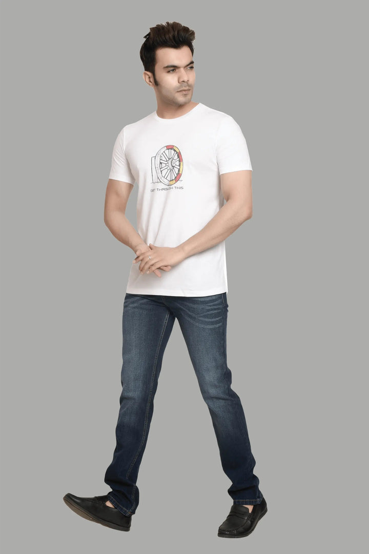 Regular Fit White Charkha Printed Cotton T-Shirt For Men - Peplos Jeans 