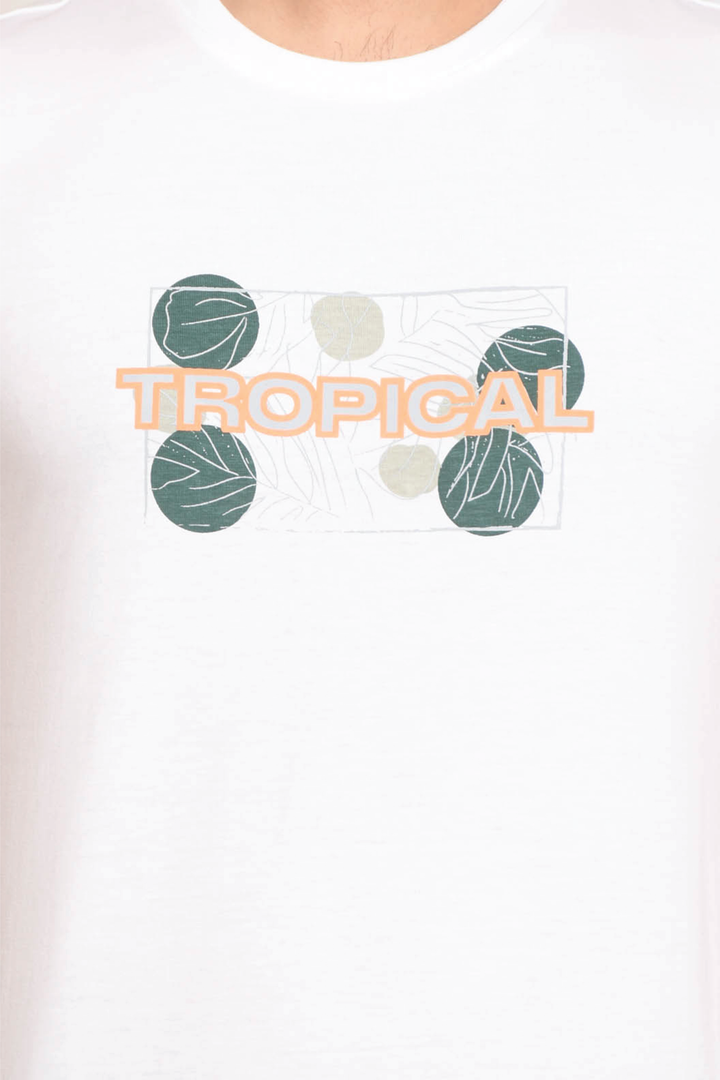 Regular Fit White Tropical Printed Cotton T-Shirt For Men - Peplos Jeans 