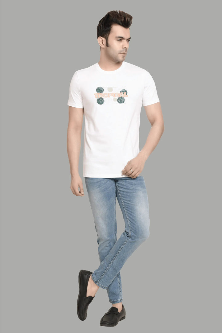 Regular Fit White Tropical Printed Cotton T-Shirt For Men - Peplos Jeans 