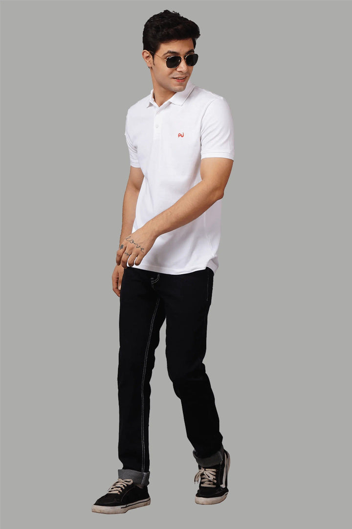 Men's Polo Neck White Cotton T-shirt - Peplos Jeans 