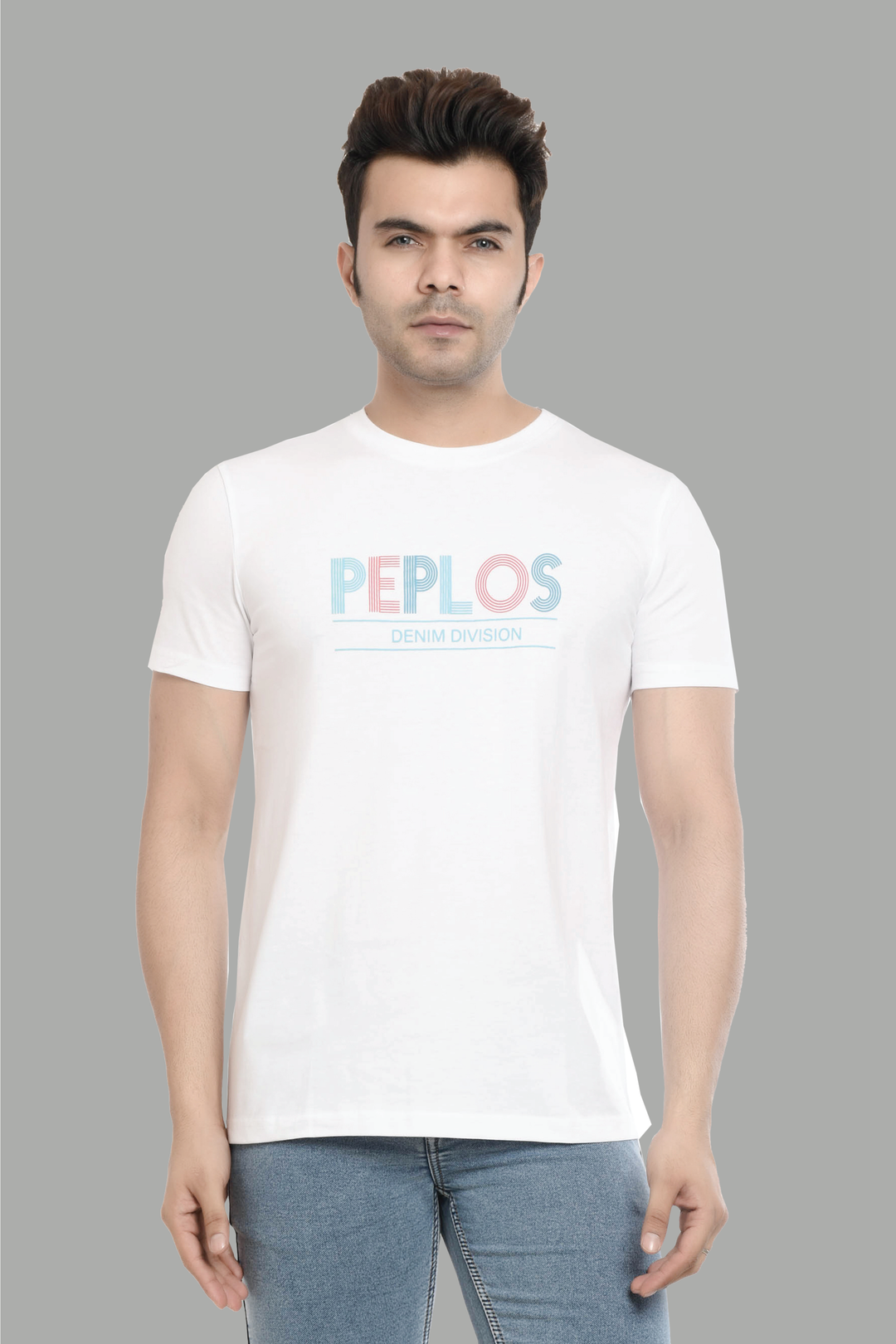 Regular Fit White Brand Printed Cotton T-Shirt For Men - Peplos Jeans 