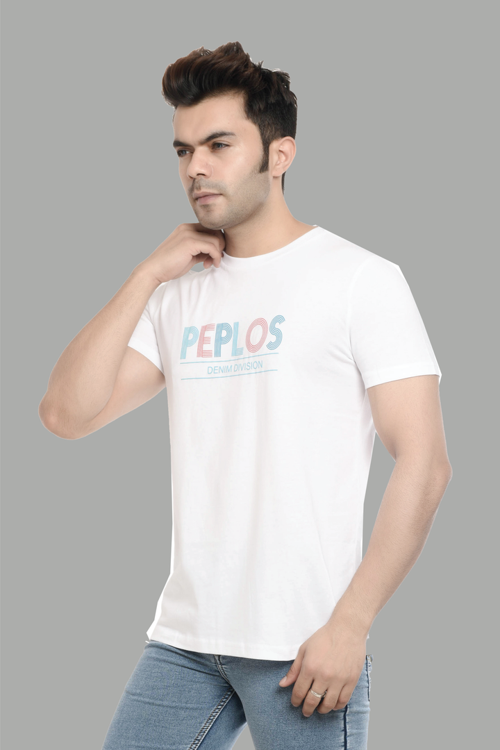 Regular Fit White Brand Printed Cotton T-Shirt For Men - Peplos Jeans 