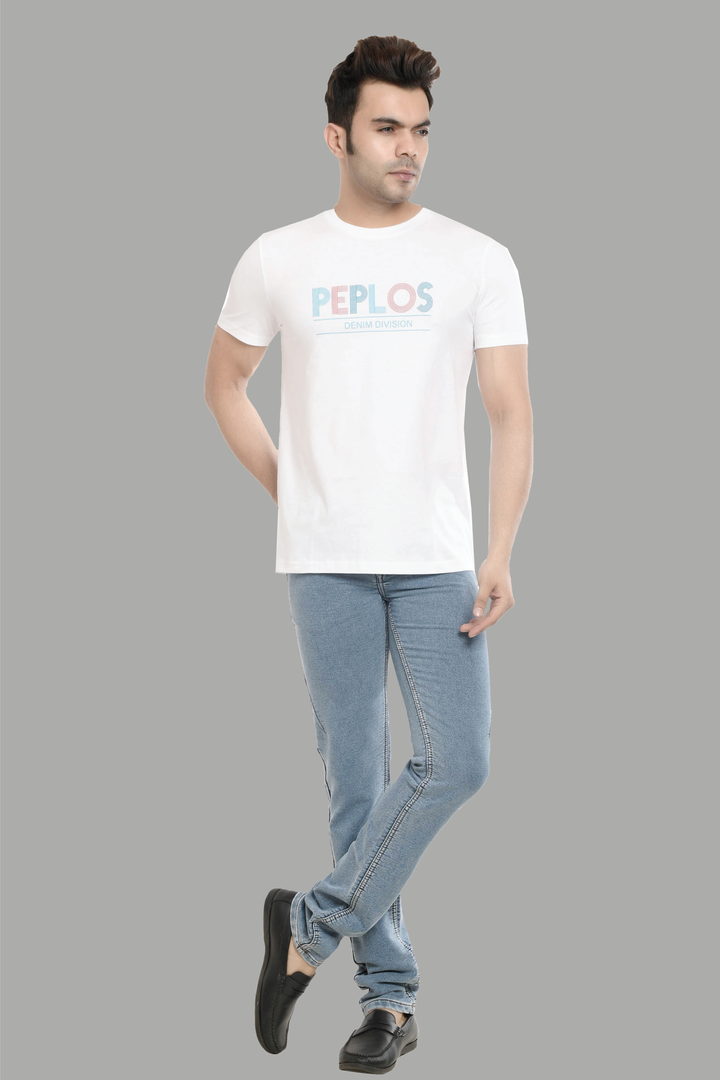 Regular Fit White Brand Printed Cotton T-Shirt For Men - Peplos Jeans 