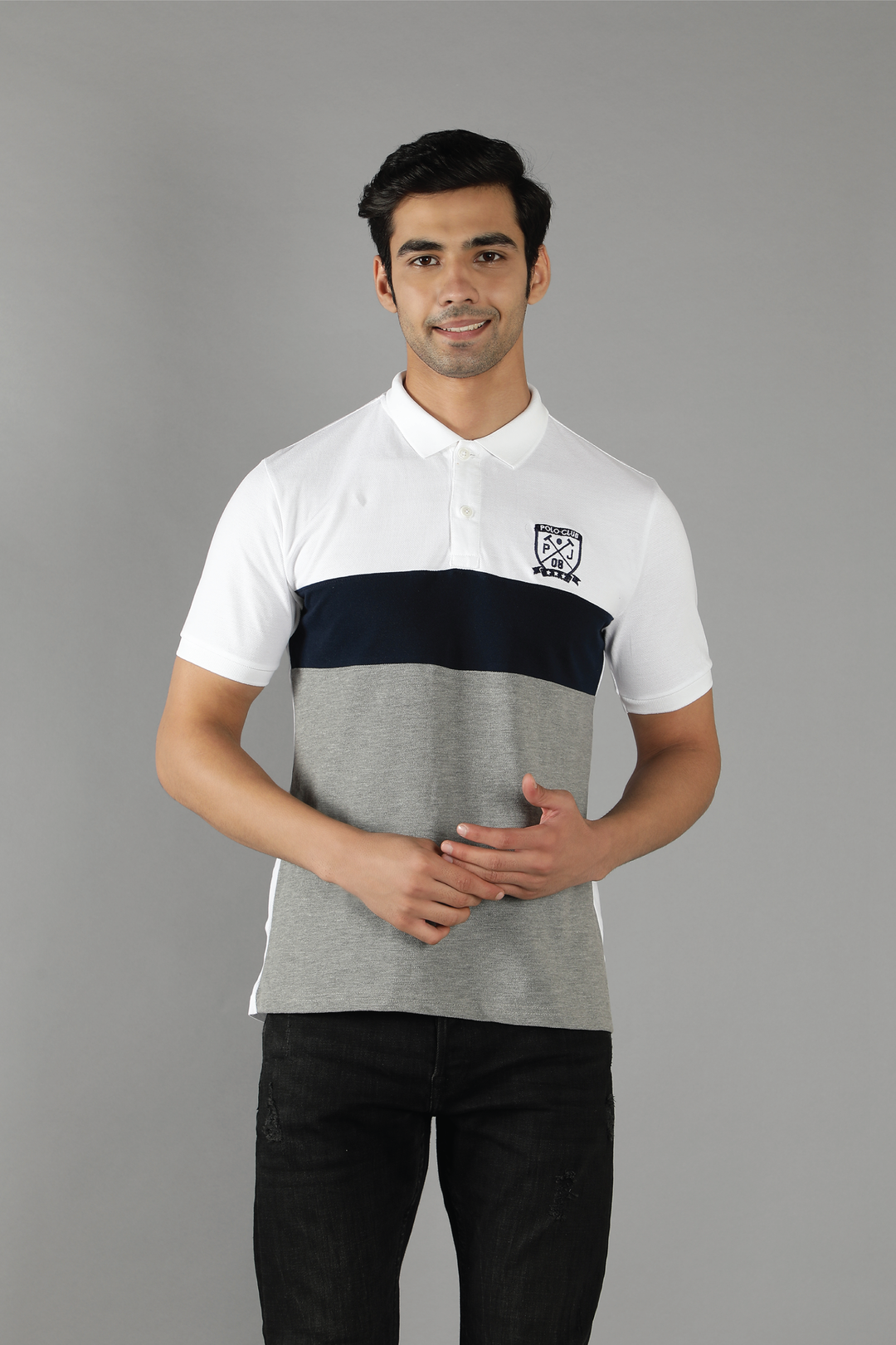 Men's Polo Neck Grey Striped Cotton T-shirt - Peplos Jeans 