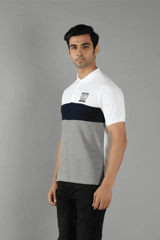 Men's Polo Neck Grey Striped Cotton T-shirt