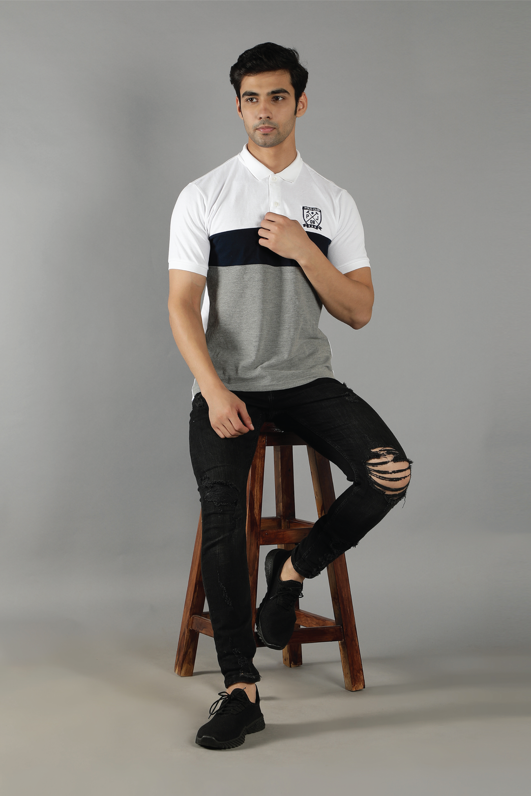 Men's Polo Neck Grey Striped Cotton T-shirt - Peplos Jeans 