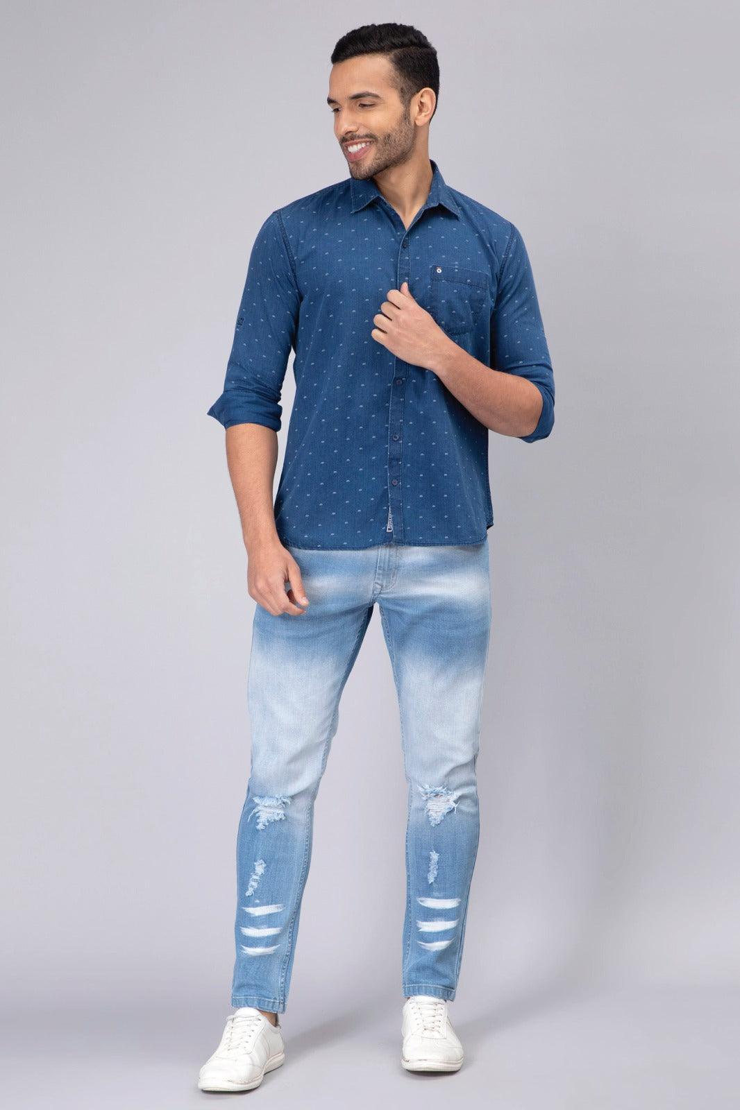 Regular Fit Blue Printed Denim Shirt For Men