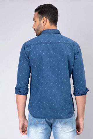 Regular Fit Blue Printed Denim Shirt For Men