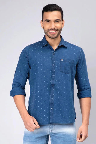 Regular Fit Blue Printed Denim Shirt For Men