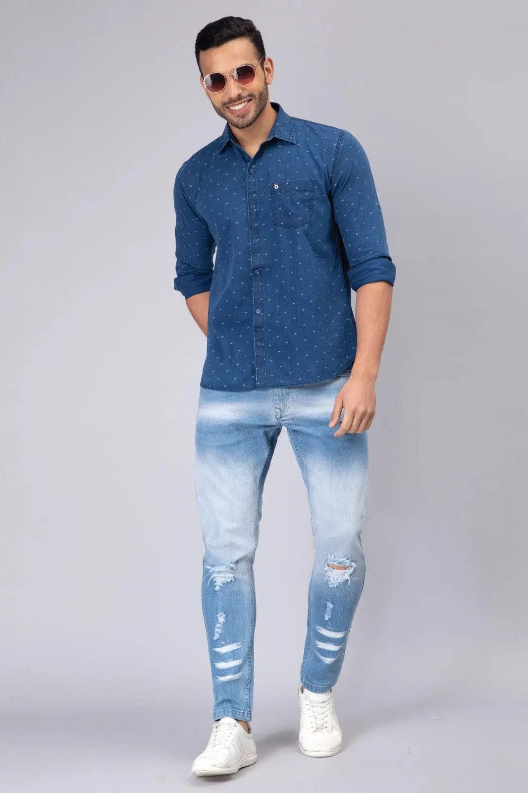 Regular Fit Blue Printed Denim Shirt For Men Peplos Jeans
