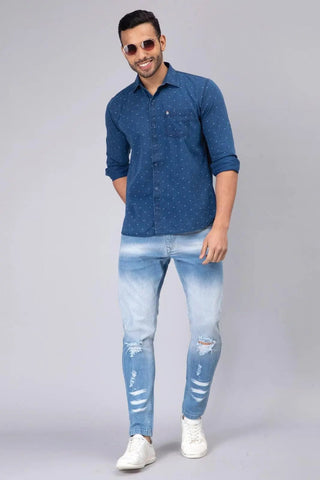 Regular Fit Blue Printed Denim Shirt For Men