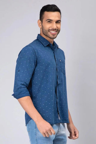 Regular Fit Blue Printed Denim Shirt For Men