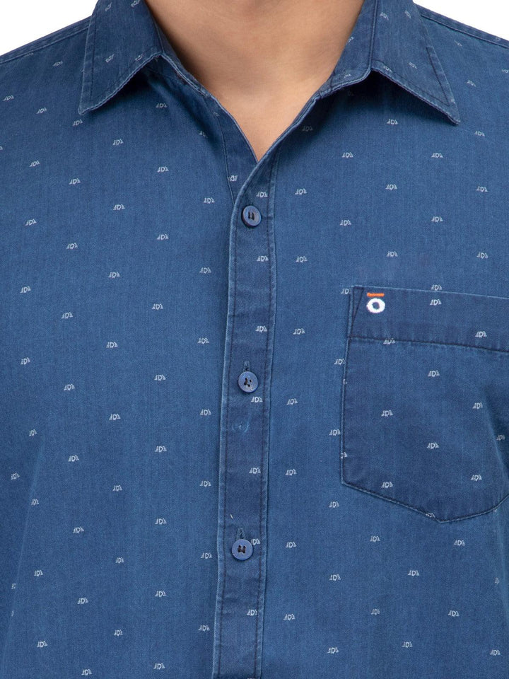 Regular Fit Blue Printed Denim Shirt For Men