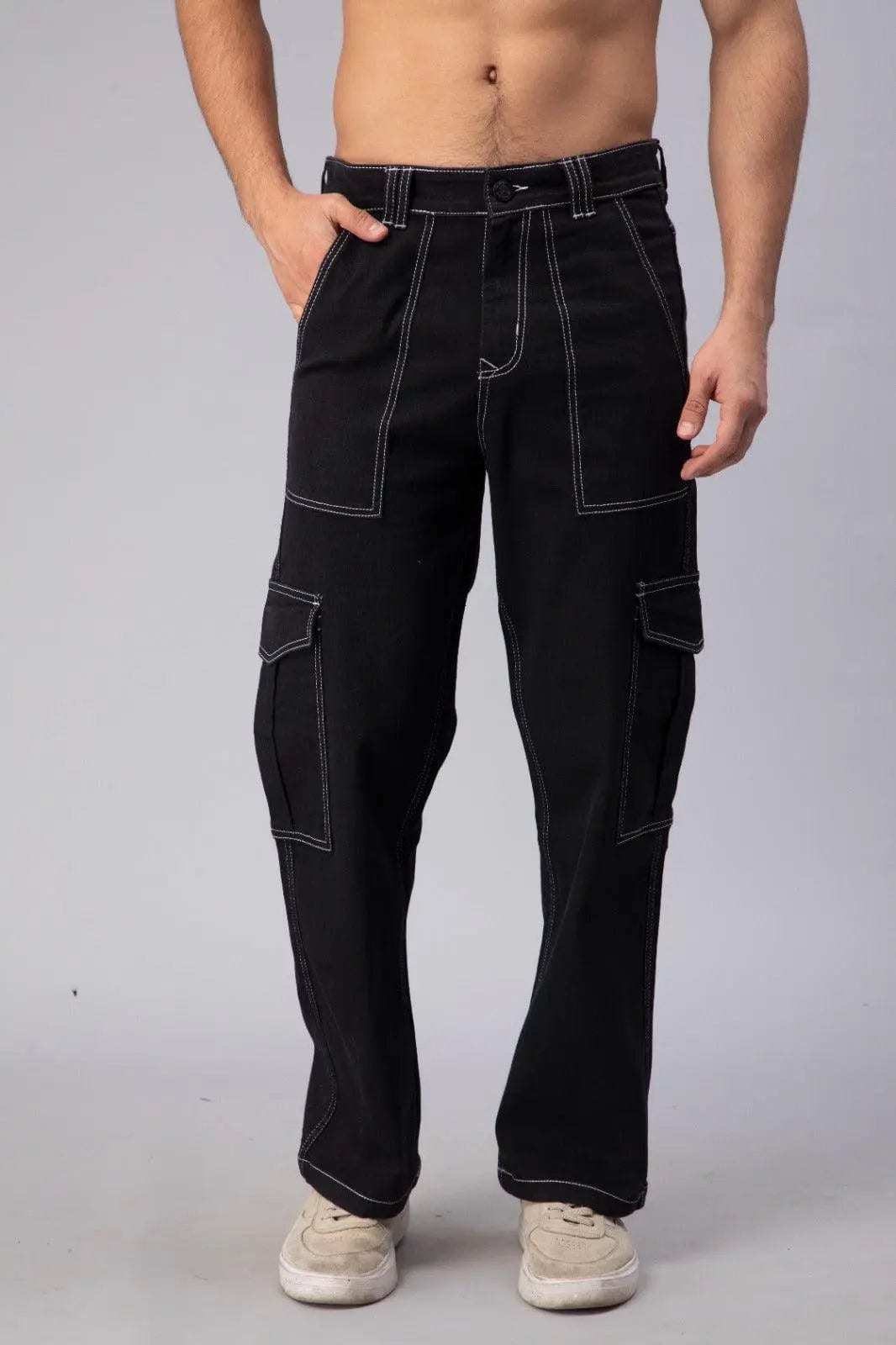 Men's Loose Fit Multiple Pocket Black Cargo Denim Jeanss