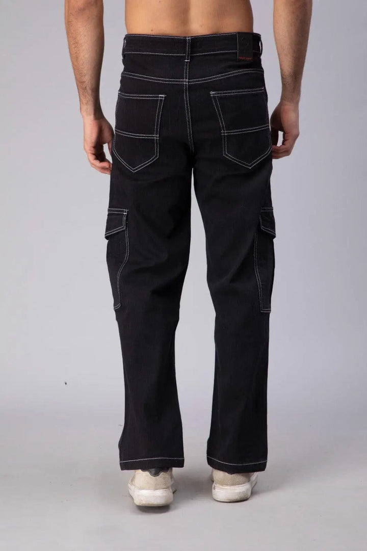 Men's Loose Fit Multiple Pocket Black Cargo Denim Jeanss