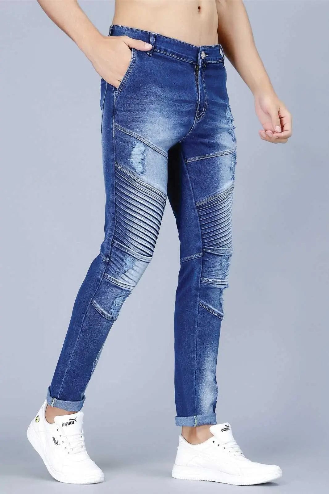 Men's Slim Fit Ankle Length Biker Denim Jeans With Rough Look - Peplos Jeans 