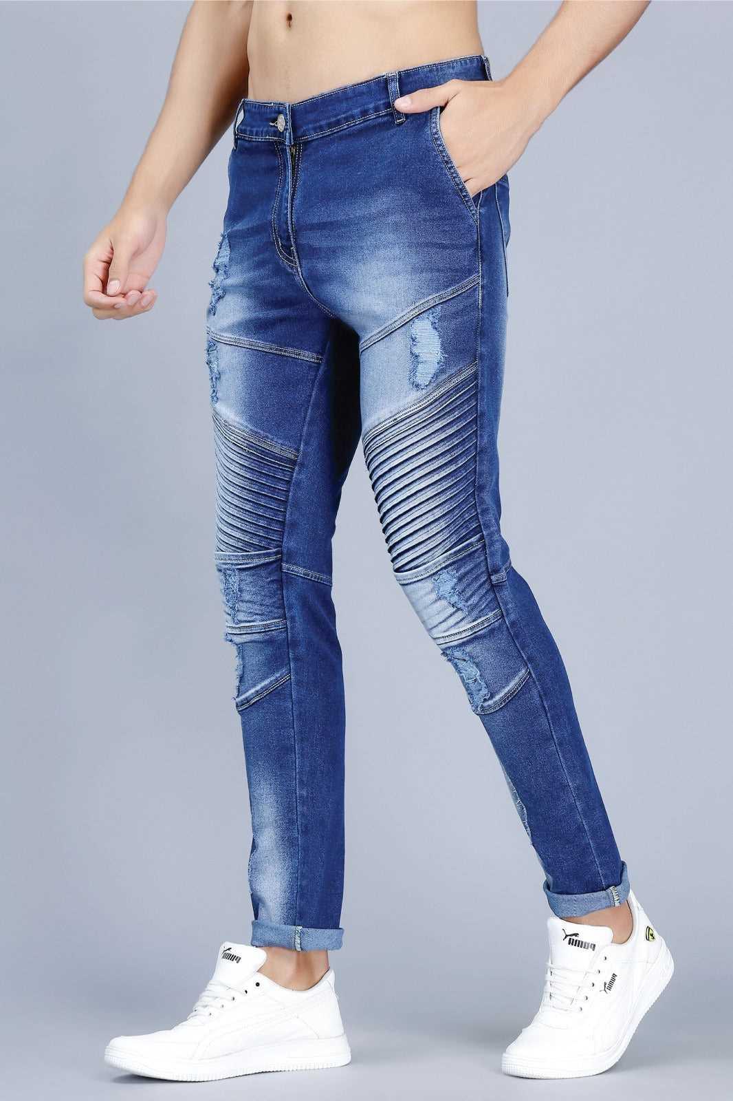 Men's Slim Fit Ankle Length Biker Denim Jeans With Rough Look - Peplos Jeans 