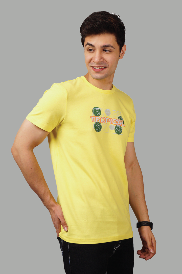 Regular Fit Tropical Yellow Printed Men's T-Shirt - Peplos Jeans 