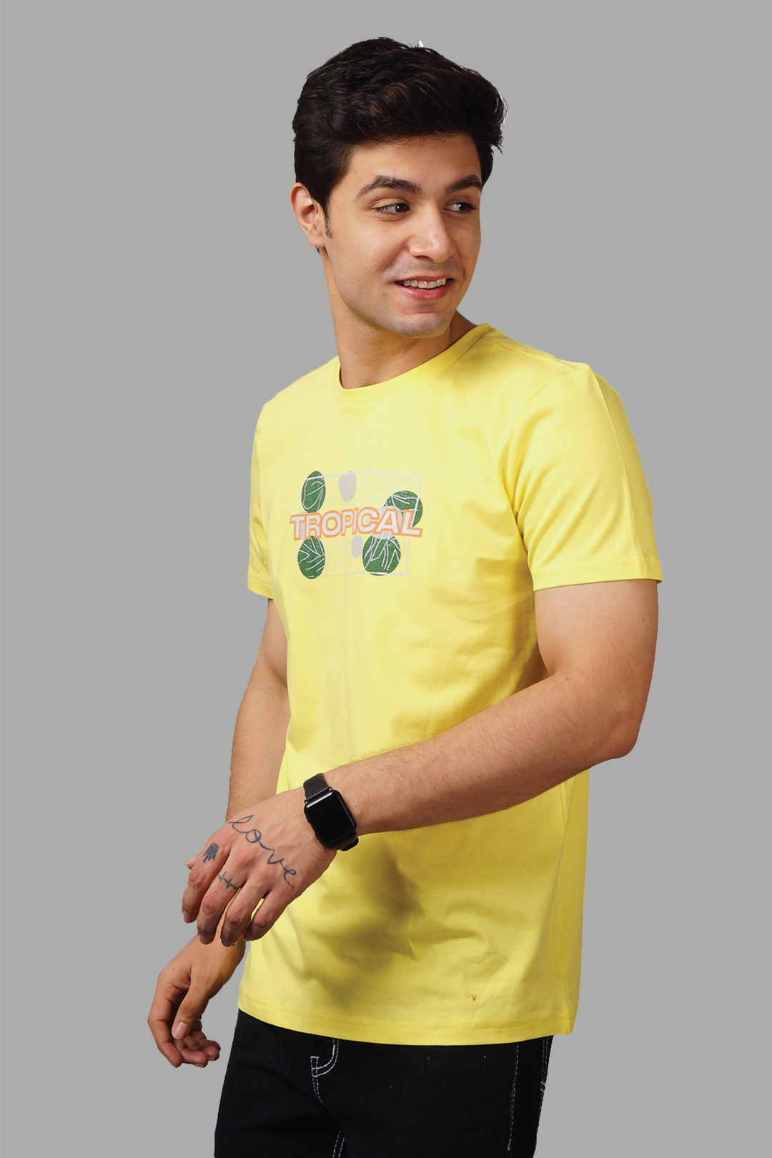 Regular Fit Tropical Yellow Printed Men's T-Shirt - Peplos Jeans 