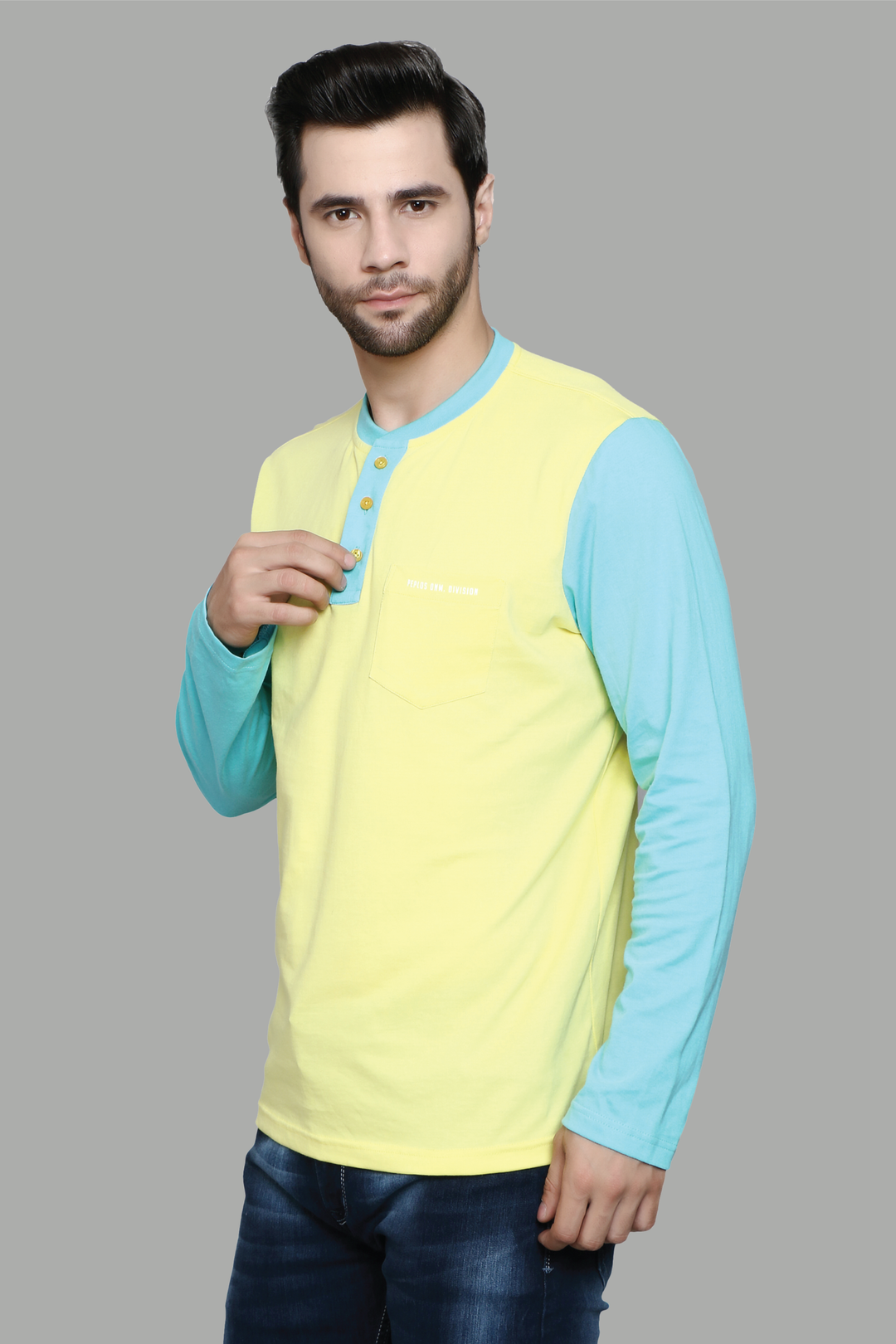 Regular Fit Yellow Sky Henley Neck Men's T-Shirt - Peplos Jeans 