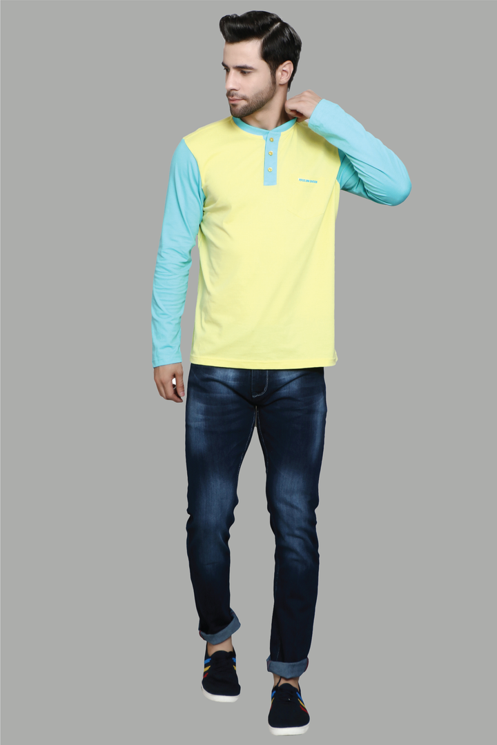 Regular Fit Yellow Sky Henley Neck Men's T-Shirt - Peplos Jeans 