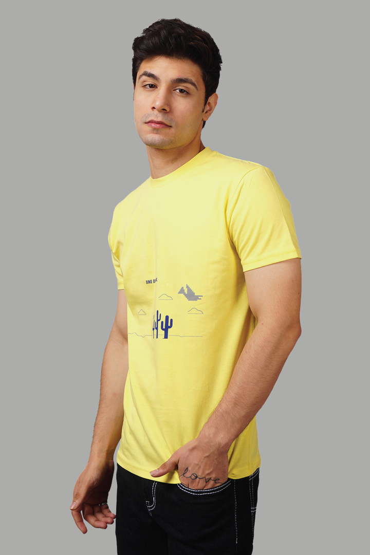 Regular Fit Yellow Dino On Break Printed Round Neck Men's T-Shirt - Peplos Jeans 