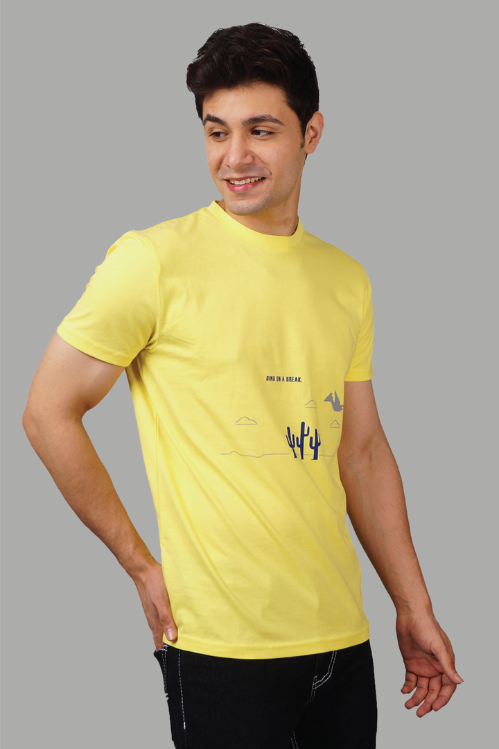 Regular Fit Yellow Dino On Break Printed Round Neck Men's T-Shirt - Peplos Jeans 